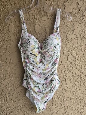 Nip Tuck One-Piece Swimsuit - White Background  Pink & Yellow Flowers | Large